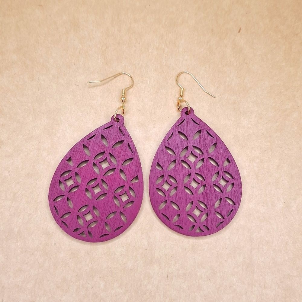 Purple Wood Hollowed earrings teardrop shape boho jewelry